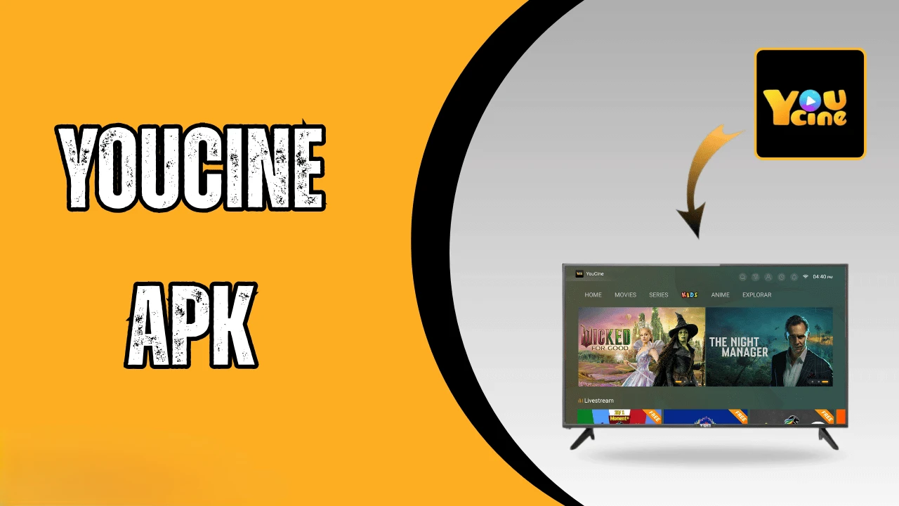 Tela inicial do app YouCine com filmes, séries e futebol brasileiro ao vivo